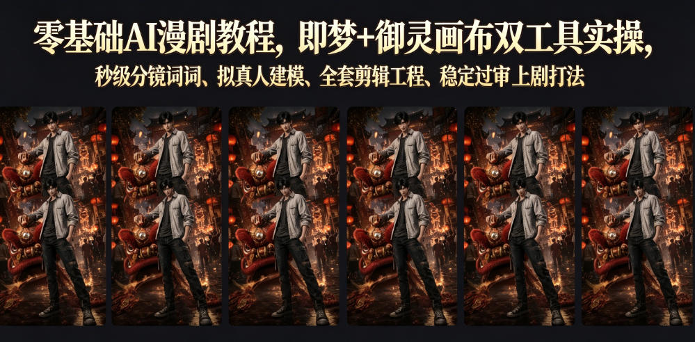 零基础AI漫剧教程，即梦+御灵画布双工具实操，秒级分镜提示词、拟真人建模、全套剪辑工程、稳定过审上剧打法-沐沐云网创