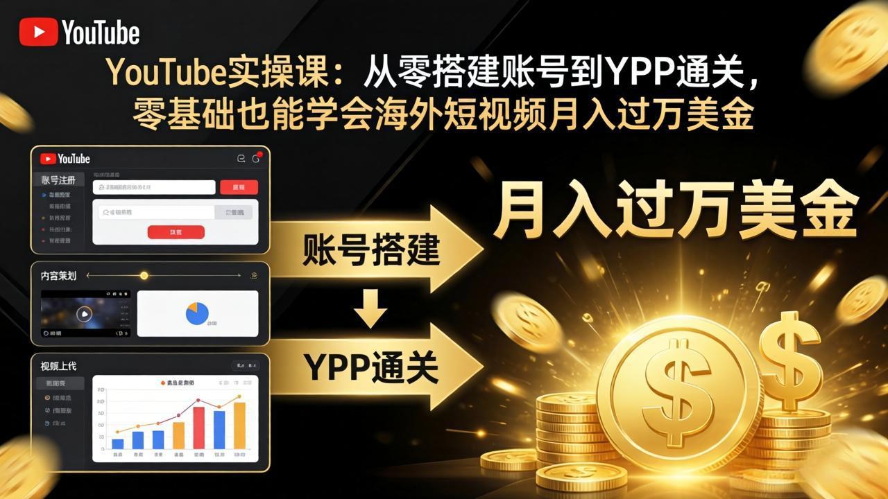 YouTube实操课:从零搭建账号到YPP通关,零基础也能学会海外短视频月入过万美金-小目标云网创