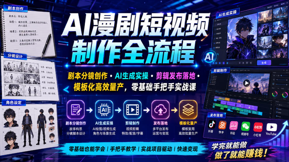 AI漫剧短视频制作全流程|剧本分镜创作・AI生成实操・剪辑发布落地・模板化高效量产,零基础手把手实战课-小目标云网创