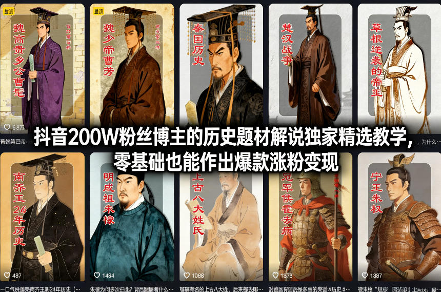 抖音200W粉丝博主的历史题材解说独家精选教学，零基础也能作出爆款涨粉变现-小目标云网创