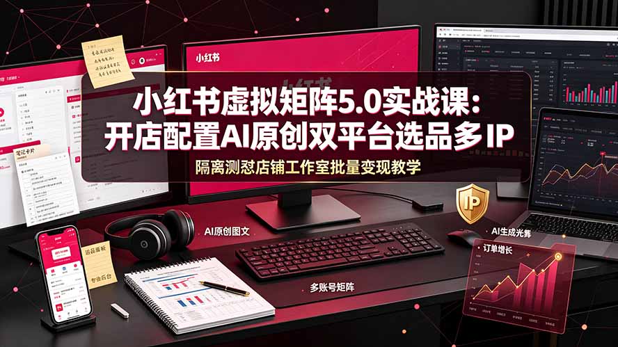 小红书虚拟矩阵5.0实战课：开店配置｜AI原创｜双平台选品｜多IP隔离｜测怼店铺工作室批量变现实操教学-小目标云网创