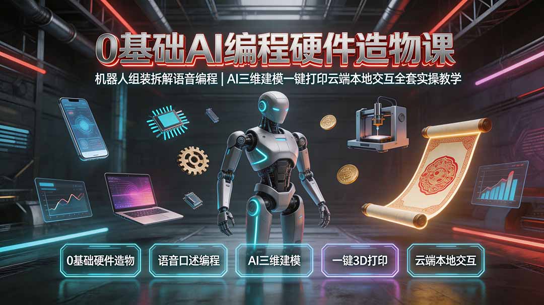 0基础AI编程硬件造物课｜机器人组装拆解语音编程，AI三维建模一键打印云端本地交互全套实操教学-小目标云网创