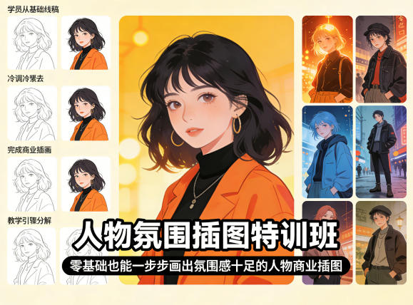 人物氛围插图特训班，零基础也能一步步画出氛围感十足的人物商业插图-小目标云网创