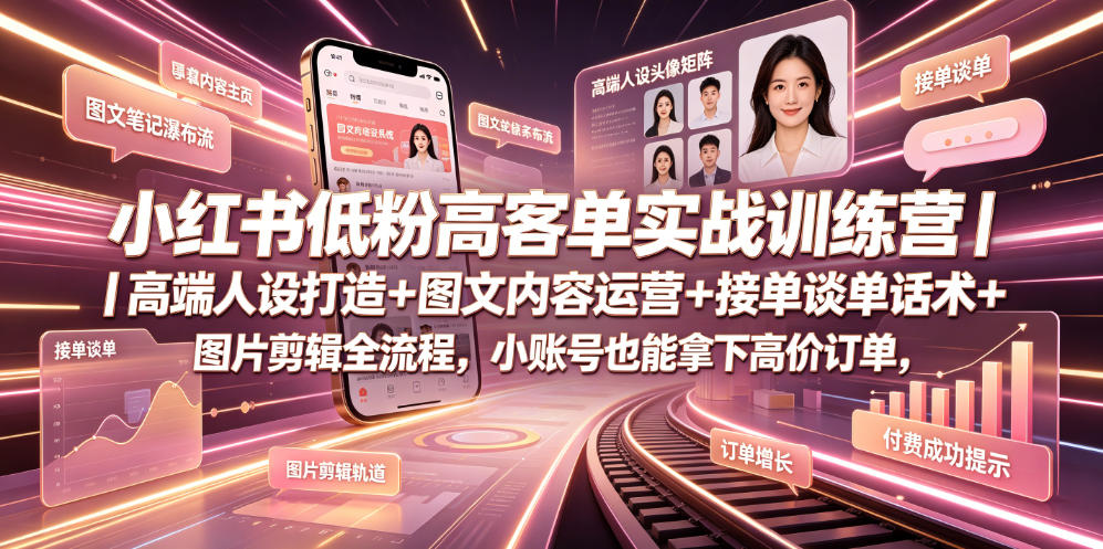 小红书低粉高客单实战训练营｜高端人设打造+图文内容运营+接单谈单话术+图片剪辑全流程，小账号也能拿下高价订单-启微空间