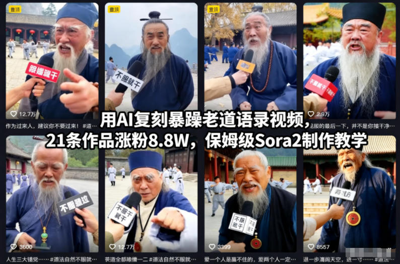 用AI复刻暴躁老道语录视频,21条作品涨粉8.8W,保姆级Sora2制作教学-优优云网创