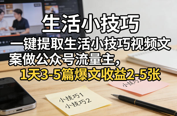 一键提取生活小技巧视频文案做公众号流量主,1天3-5篇爆文收益2-5张-小目标云网创