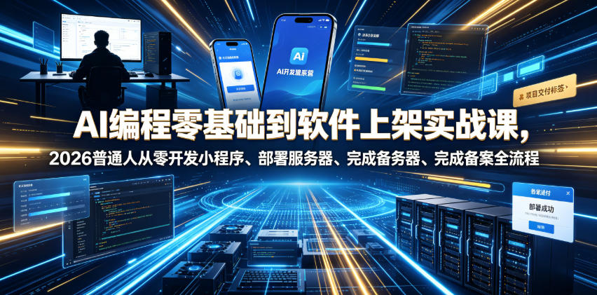 AI编程零基础到软件上架实战课，2026普通人从零开发小程序、部署服务器、完成备案全流程项目落地教程-灵感工坊云网创