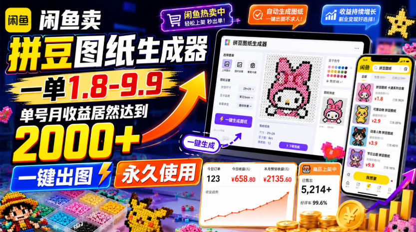 闲鱼卖拼豆图纸生成器，一单1.8-9.9，单号月收益居然达到2000+一键出图永久使用-小目标云网创