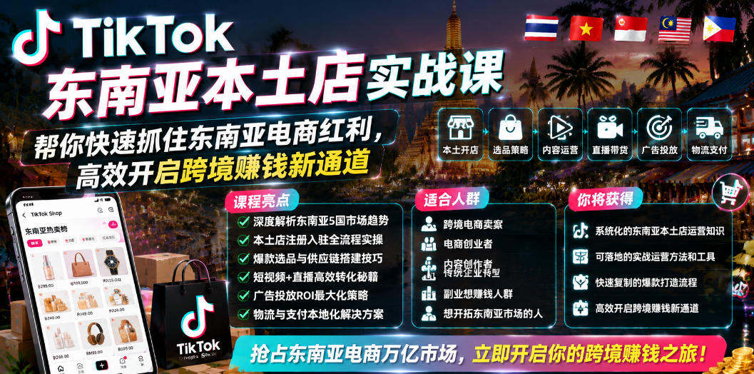 TikTok东南亚本土店实战课,帮你快速抓住东南亚电商红利,高效开启跨境賺钱新通道-极速搞钱指南