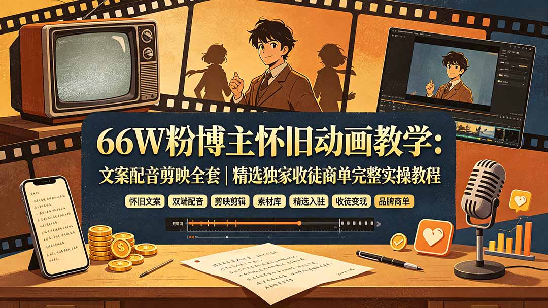 66W粉博主怀旧动画教学：文案配音剪映全套｜精选独家收徒商单完整实操教程-小目标云网创