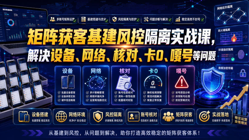 矩阵获客基建风控隔离实战课，解决设备、网络、核对、卡0、嘎号等问题-小目标云网创