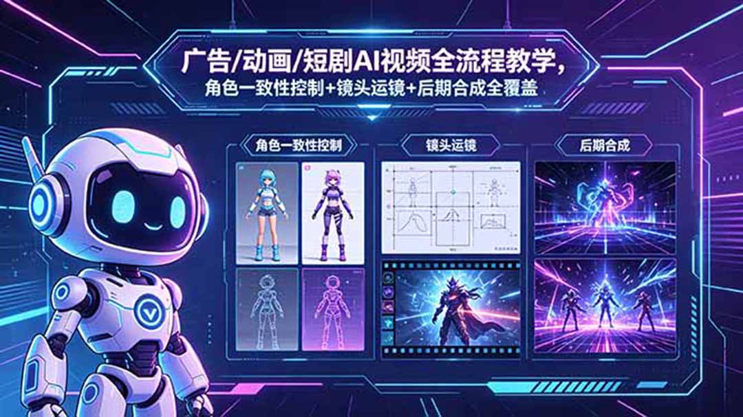 广告/动画/短剧AI视频全流程教学，角色一致性控制+镜头运镜+后期合成全覆盖-沐沐云网创