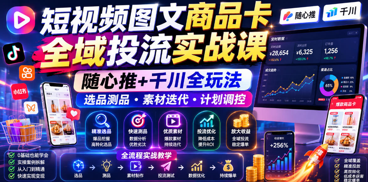 短视频图文商品卡全域投流实战课，随心推+千川全玩法，选品测品・素材迭代・计划调控，提升ROI爆单增收教程-小目标云网创