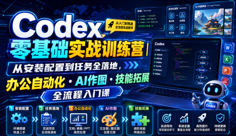 Codex零基础实战训练营｜从安装配置到任务全落地，办公自动化・AI作图・技能拓展全流程入门课-小目标云网创
