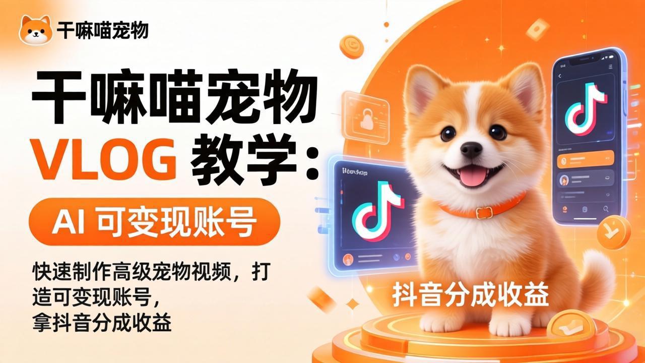 干嘛喵宠物 VLOG 教学:AI 快速制作高级宠物视频,打造可变现账号,拿抖音分成收益-小目标云网创
