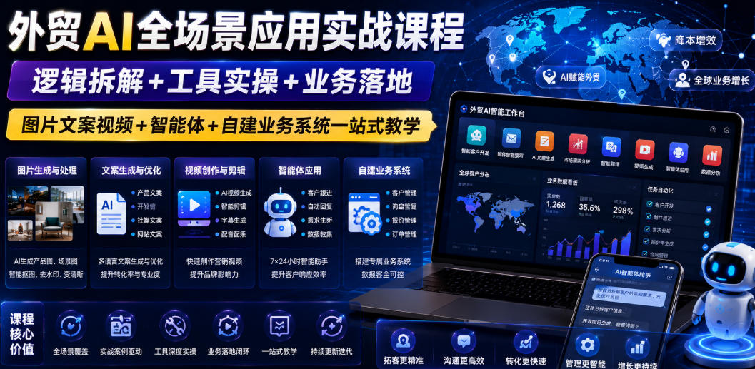 外贸AI全场景应用实战课程｜逻辑拆解+工具实操+业务落地，图片文案视频+智能体+自建业务系统一站式教学-启微空间