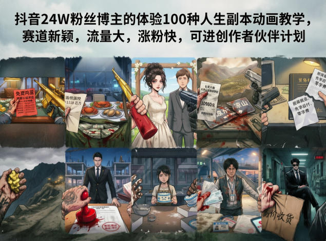 抖音24W粉丝博主的体验100种人生副本动画教学，赛道新颖，流量大，涨粉快，可进创作者伙伴计划-沐沐云网创