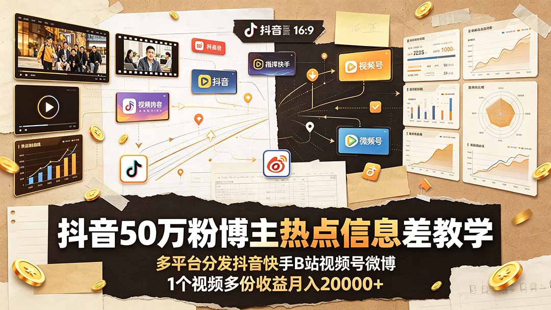 抖音50万粉博主热点信息差教学：多平台分发抖音快手B站视频号微博，1个视频多份收益月入20000+-灵感工坊云网创