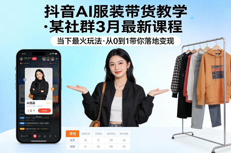 抖音AI服装带货教学，某社群3月最新课程，当下最火玩法，从0到1带你落地变现-小目标云网创
