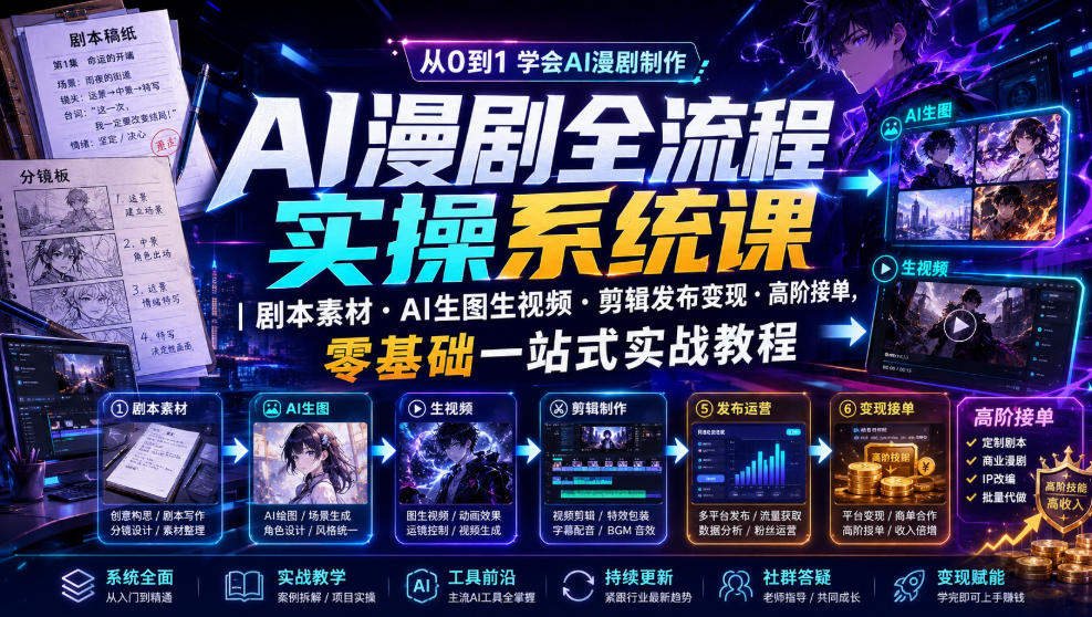 AI漫剧全流程实操系统课|剧本素材・AI生图生视频・剪辑发布变现・高阶接单,零基础一站式实战教程-小目标云网创