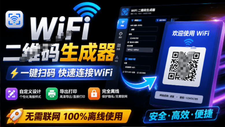 完全离线使用!WiFi二维码生成器,一键扫码快速连接WiFi,支持自定义风格导出WiFi二维码生成器-灵感工坊云网创