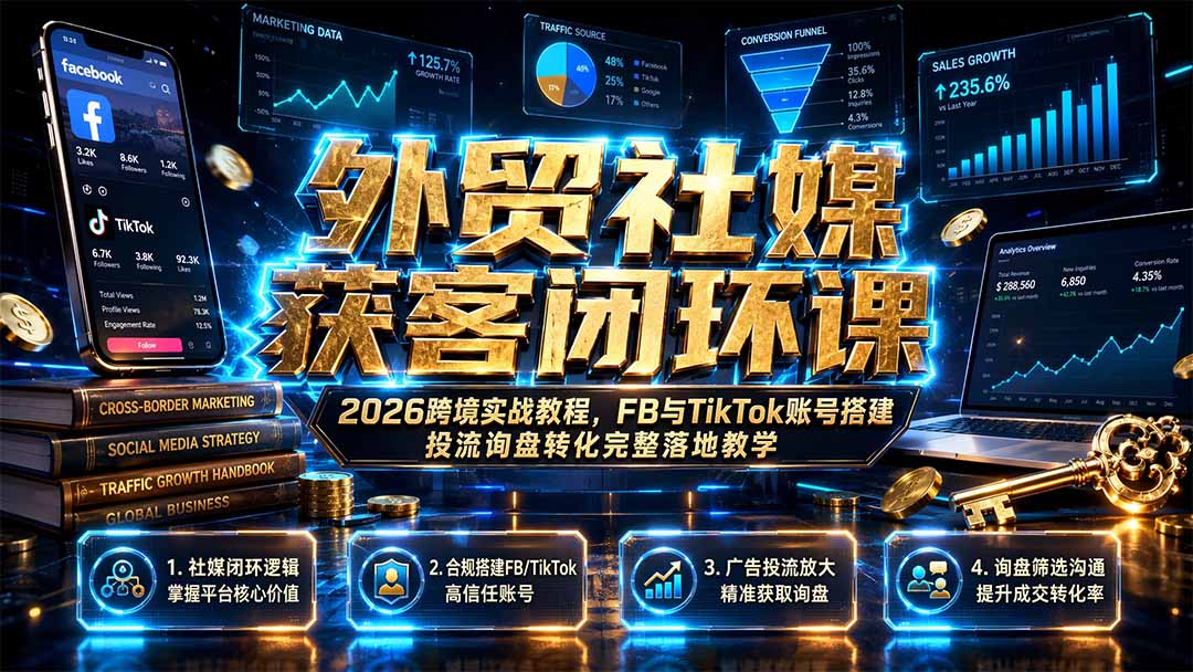 外贸社媒获客闭环课｜2026跨境实战教程，FB与TikTok账号搭建投流询盘转化完整落地教学-小目标云网创