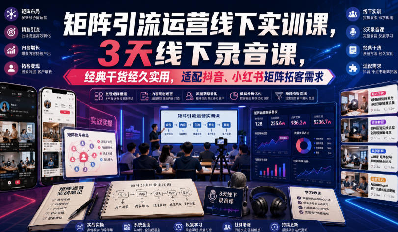嗨推矩阵引流运营线下实训课,3天线下录音课,经典干货经久实用,适配抖音、小红书矩阵拓客需求-网创风向标