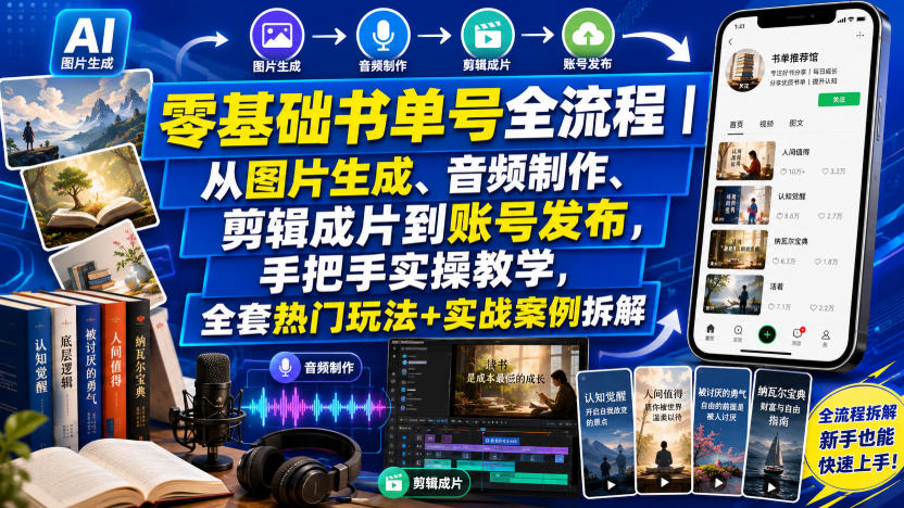 零基础书单号全流程|从图片生成、音频制作、剪辑成片到账号发布,手把手实操教学,全套热门玩法+实战案例拆解-灵感工坊云网创