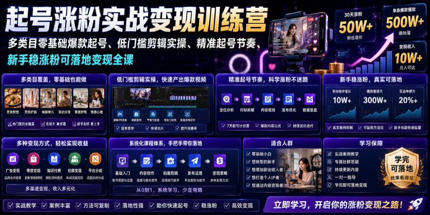 苗子起号涨粉实战变现训练营，多类目零基础爆款起号、精准起号节奏、新手稳涨粉可落地变现全课(更新0719)-小目标云网创