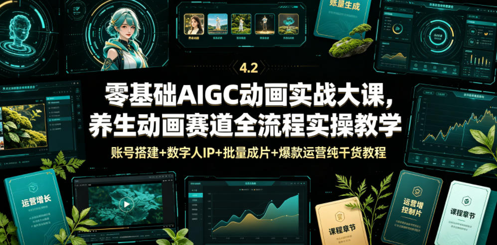 零基础AIGC动画实战大课，养生动画赛道全流程实操教学，账号搭建+数字人IP+批量成片+爆款运营纯干货教程-灵感工坊云网创