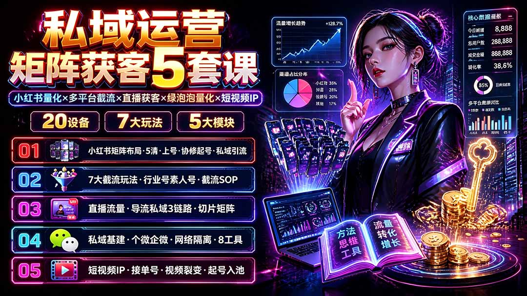 私域运营矩阵获客5套课：小红书量化×多平台截流×直播获客×绿泡泡量化×短视频IP×20设备×7大玩法-小目标云网创
