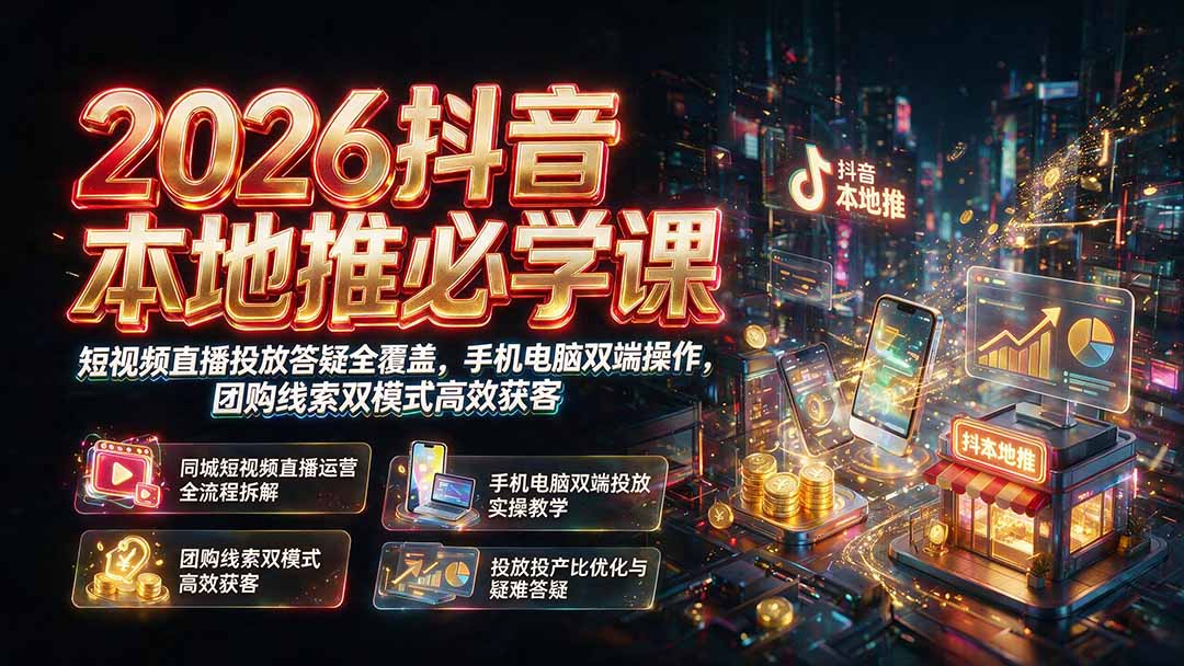 2026抖音本地推必学课｜短视频直播投放答疑全覆盖，手机电脑双端操作，团购线索双模式高效获客-小目标云网创