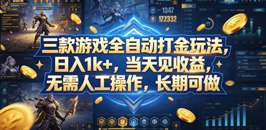三款游戏全自动打金玩法，日入1k+，当天见收益，无需人工操作，长期可做【揭秘】-极速搞钱指南