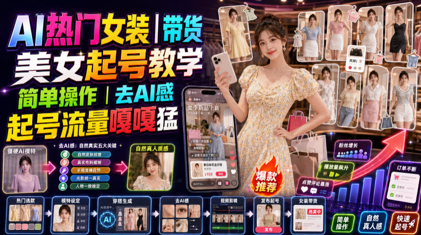 AI热门女装带货丨美女起号教学，简单操作，去AI感，起号流量嘎嘎猛-小目标云网创