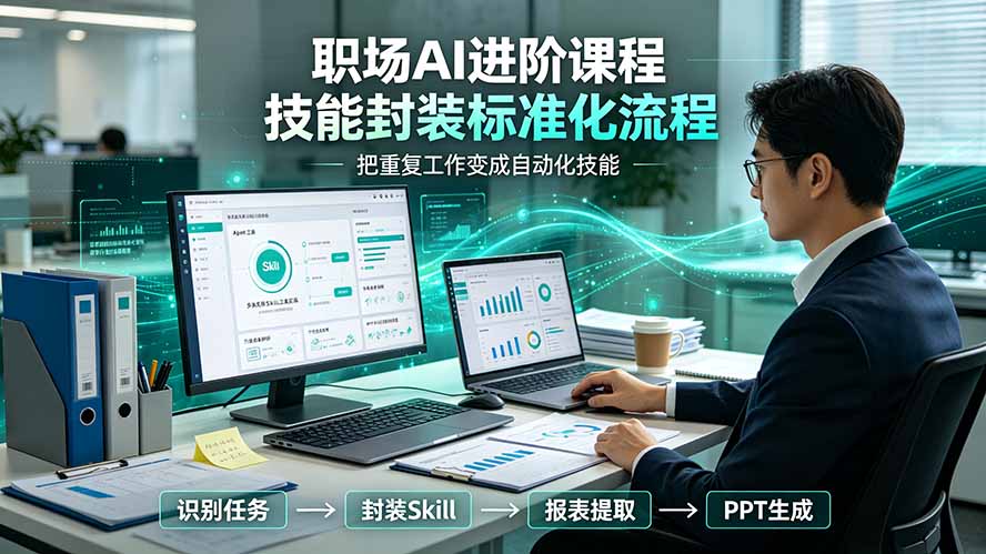 职场AI进阶课程;多类实用Skill工具实操,专属技能封装标准化流程,报表行业报告一键提取核心内容-小目标云网创