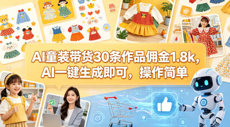 AI童装带货30条作品佣金1.8k，AI一键生成即可，操作简单-小目标云网创