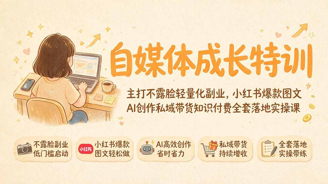 自媒体成长特训｜主打不露脸轻量化副业，小红书爆款图文AI创作私域带货知识付费全套落地实操课-灵感工坊云网创