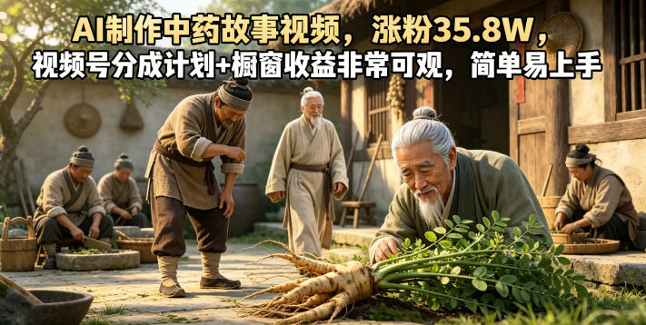 AI制作中药故事视频,涨粉35.8W,视频号分成计划+橱窗收益非常可观,简单易上手-极客搞钱云网创