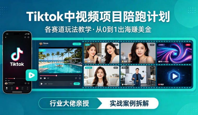 某大佬的Tiktok中视频项目陪跑，涵盖TK各个赛道玩法教学，从0到1出海賺美金-小目标云网创