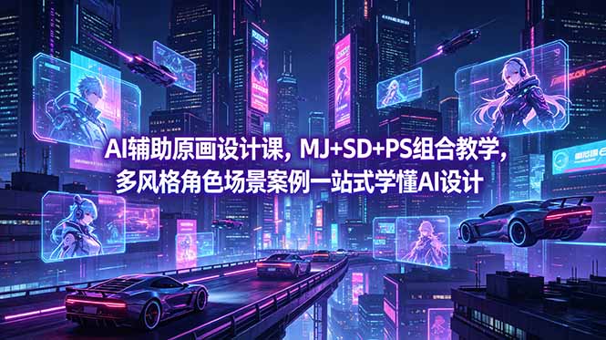 AI辅助原画设计课，MJ+SD+PS组合教学，多风格角色场景案例一站式学懂AI设计-opc资源站