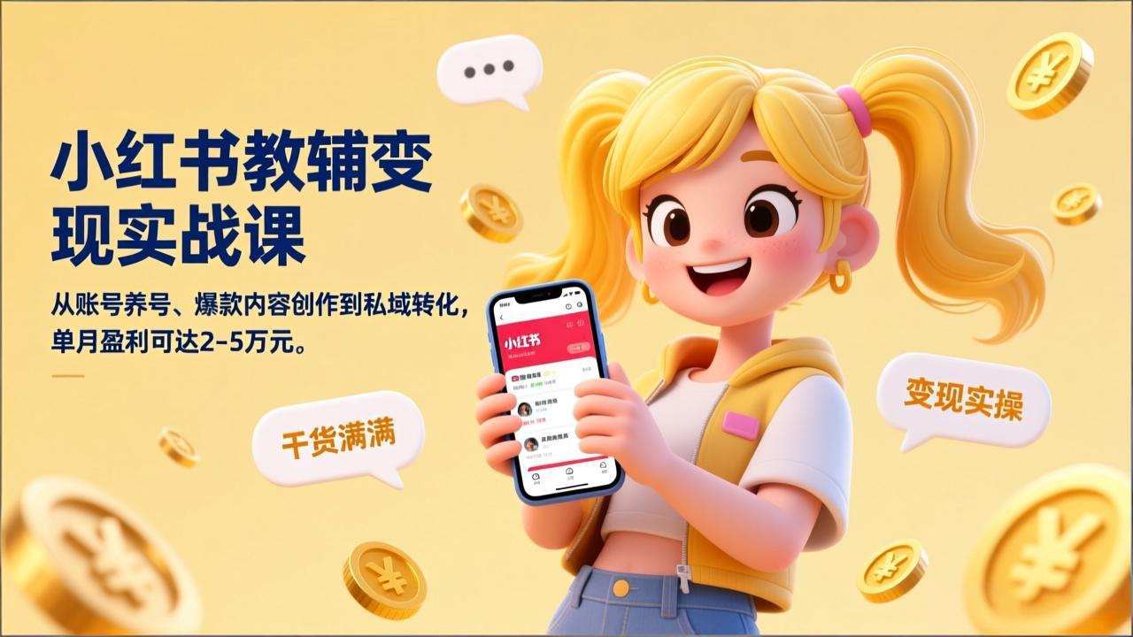 小红书教辅变现实战课，从账号养号、爆款内容创作到私域转化，单月盈利可达2-5万元-小目标云网创