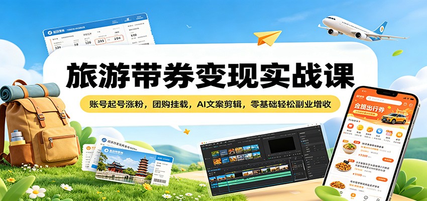 旅游带券变现实战课：账号起号涨粉，团购挂载，AI文案剪辑，零基础轻松副业增收-小目标云网创