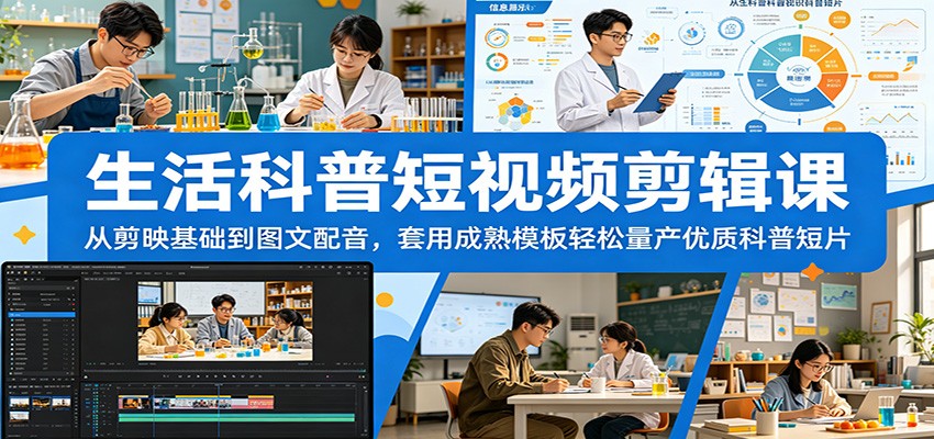 生活科普短视频剪辑课：从剪映基础到图文配音，套用成熟模板轻松量产优质科普短片-opc资源站