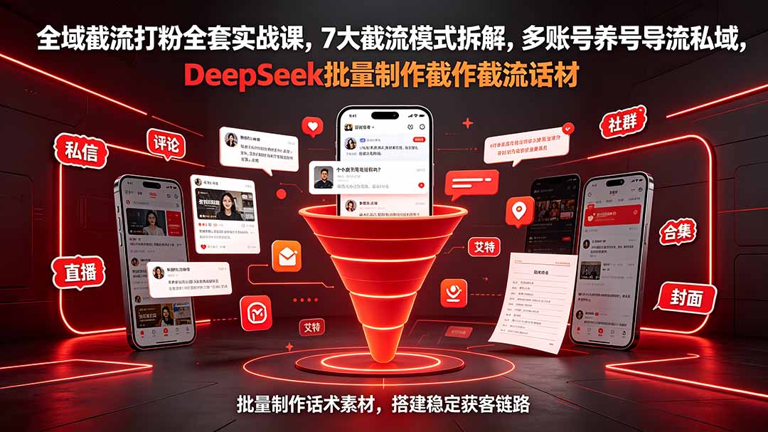 全域截流打粉全套实战课,7大截流模式拆解,多账号养号导流私域,DeepSeek批量制作截流话术素材-小目标云网创
