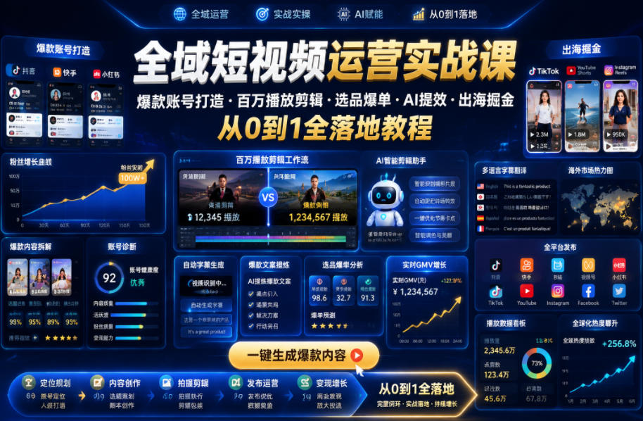 全域短视频运营实战课，爆款账号打造・百万播放剪辑・选品爆单・AI提效・出海掘金，从0到1全落地教程-小目标云网创