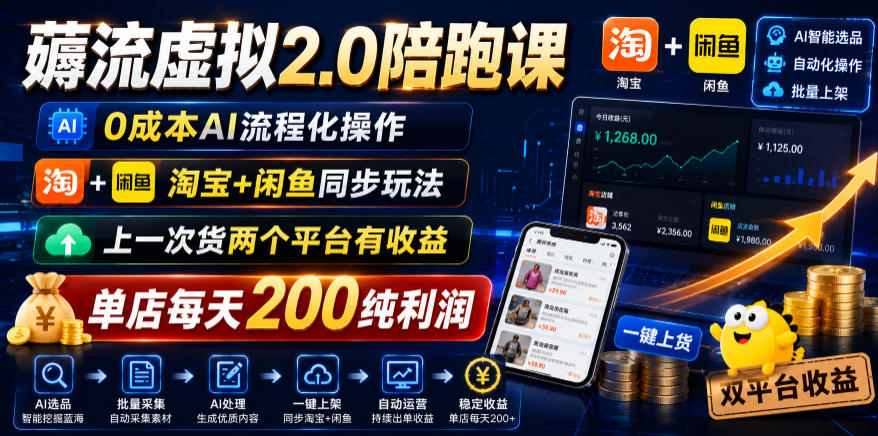 薅流虚拟2.0陪跑课,0成本AI流程化操作,淘宝+闲鱼同步玩法,上一次货两个平台有收益,单店每天200纯利润-一个小目标云网创