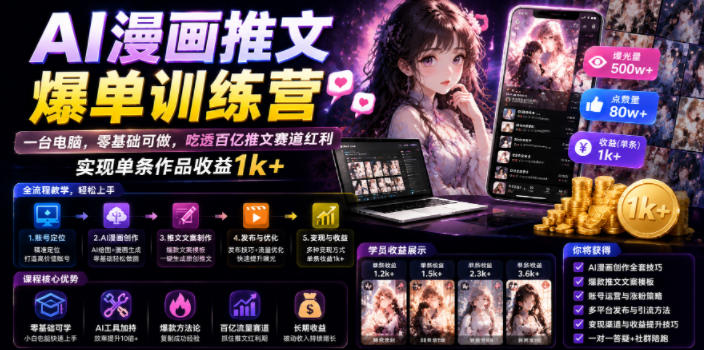 AI漫画推文爆单训练营，一台电脑，零基础可做，吃透百亿推文赛道红利，实现单条作品收益1k+-小目标云网创