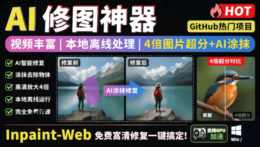 本地离线处理，4倍图片超分+AI涂抹去水印！Github上热门神器，免费高清修复图一键搞定！Inpaint-Web-极速搞钱云网创