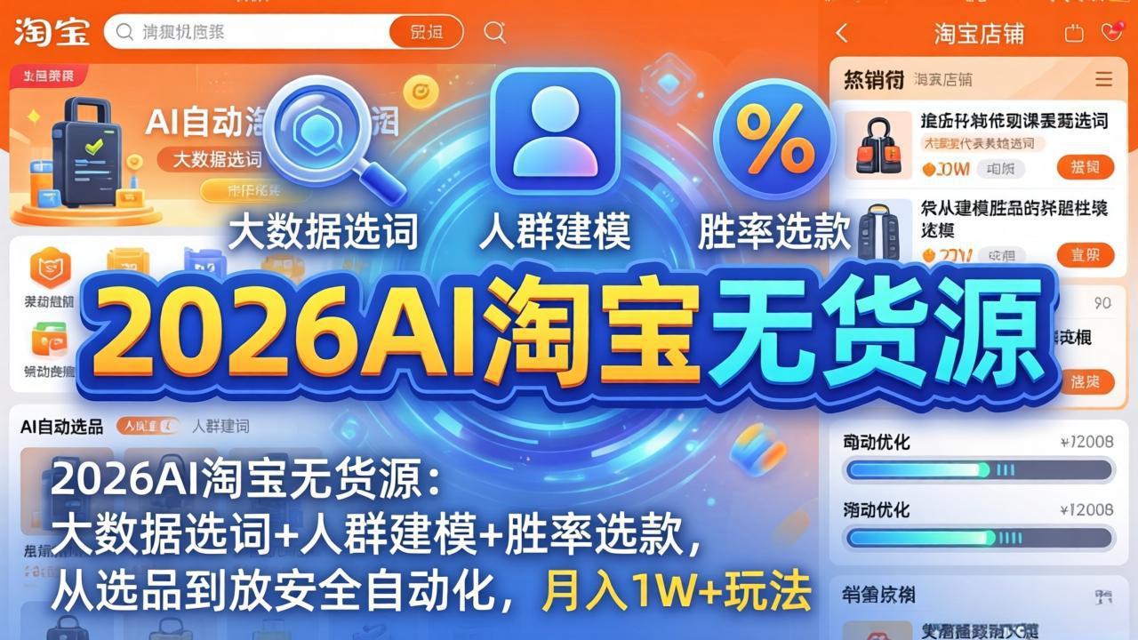 2026AI淘宝无货源-4月更新：大数据选词+人群建模+胜率选款，从选品到放大全自动化，月入1W+玩法-小目标云网创