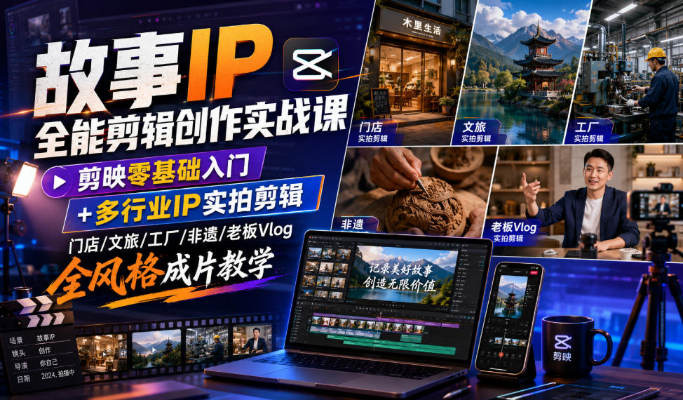 故事IP全能剪辑创作实战课|剪映零基础入门+多行业IP实拍剪辑,门店/文旅/工厂/非遗/老板Vlog全风格成片教学-灵感工坊云网创